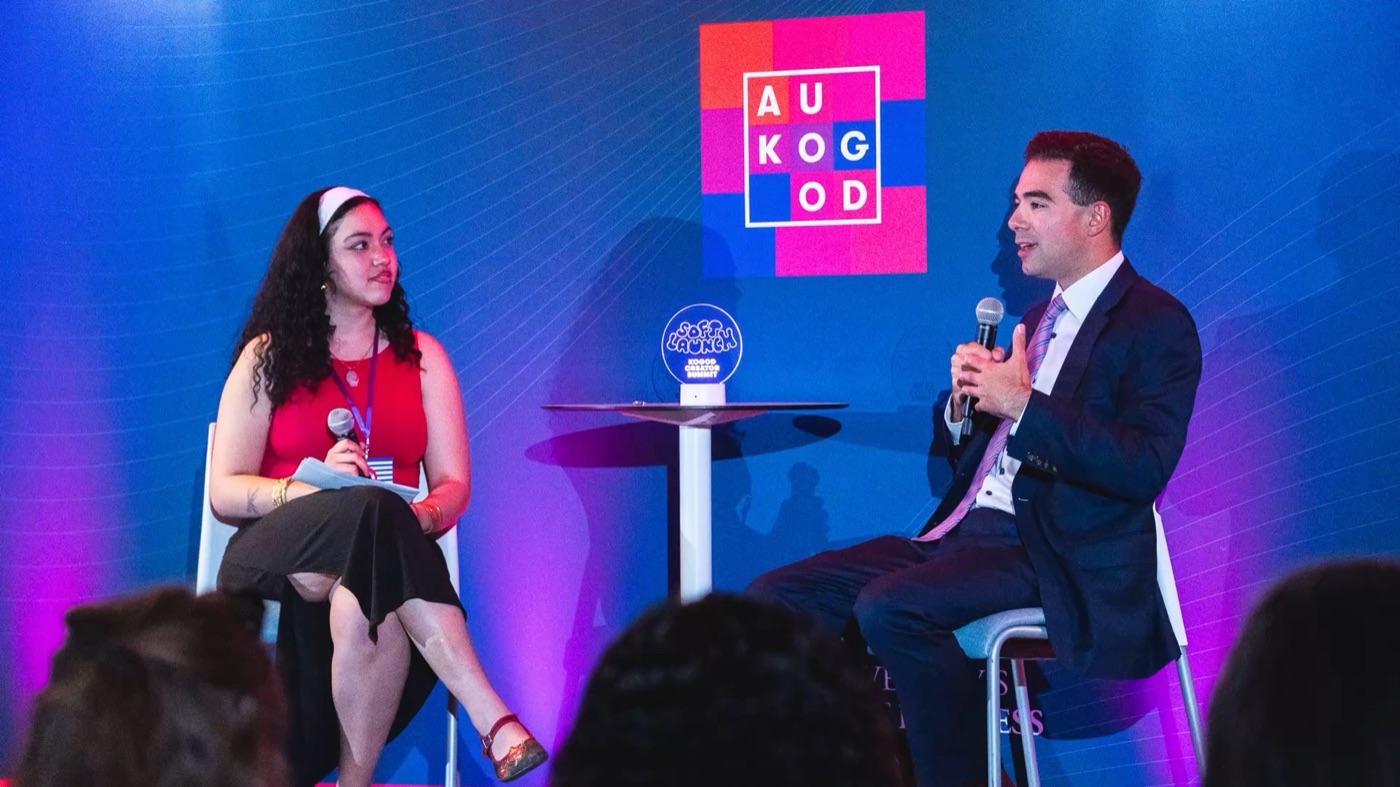 Two speakers in conversation on the Kogod Creator Summit stage